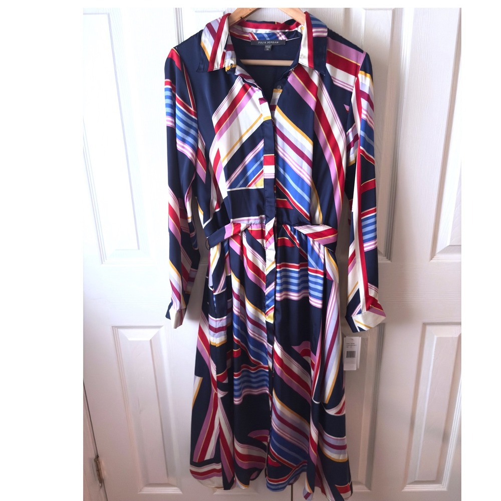 🆕 JULIA JORDAN Navy Rainbow Geometric Stripes Long Sleeve Midi Shirt Dress 14